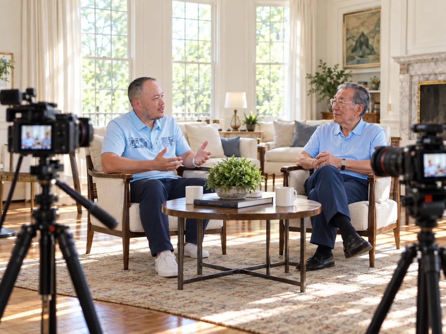 A podcast conversation being recorded in a living room